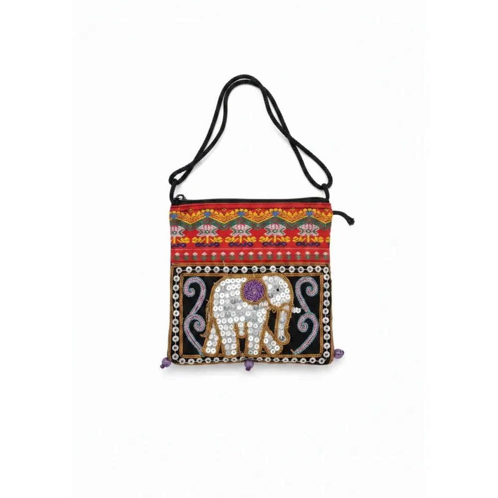 Elephant Sequined Coin Purse Crossbody Bag Boho Festival Thai Hippie Pink 5x4.5